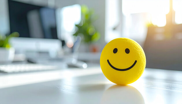 Yellow smiley stress ball on white office desk, office productivity and positivity theme.