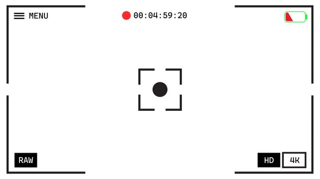 Camera Recording Overlay Screen with Viewfinder and HUD Elements. Cinematic camera recording screen overlay with REC dot, timecode, focus frame, battery indicator, menu icon, RAW mode, and HD 4K label