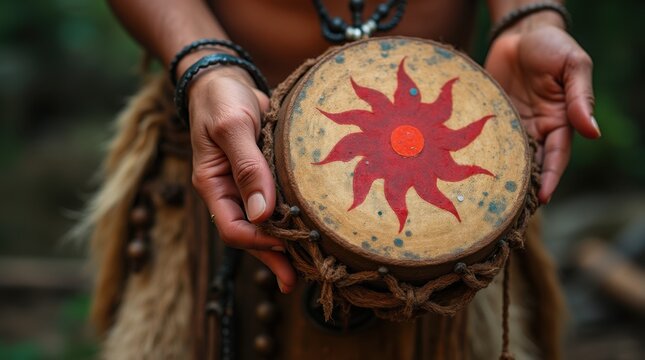 Handheld shaman drum with red sun symbol painted on hide
