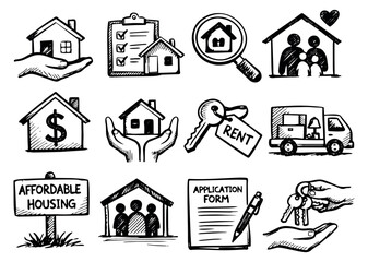 Hand drawn line art housing icons set featuring home ownership, renting, and moving concepts for real estate business