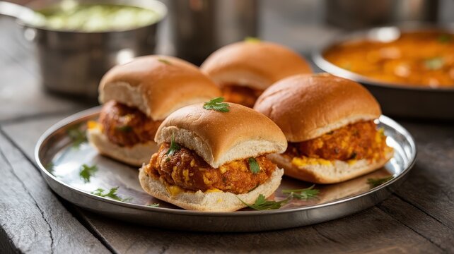 Delicious Indian Kheema Pav sliders served on a traditional steel plate.