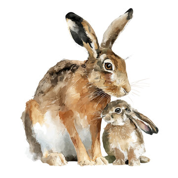 Watercolor painting of Hare With Its Baby, vector illustration, isolated on white background.
