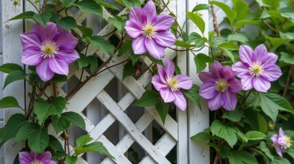 Lush purple clematis vine climbing on white wooden lattice
