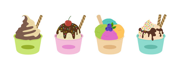 Set of ice cream in paper cups with various flavors. Sweet refreshing milk fruit dessert with chocolate and berries. Hand drawn vector illustration isolated on white background, flat cartoon style