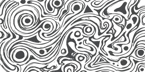 Intricate hand-drawn abstract swirling lines and shapes in black and white pattern design