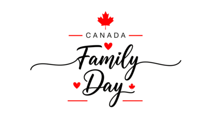 A calligraphic design for canada family day with red hearts and maple leaf on black background. isolated on transparent background
