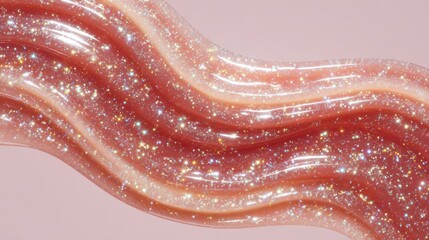Shiny pink gel or cosmetic texture with embedded glitter and sparkles, presented in smooth flowing curves over a soft pink background.