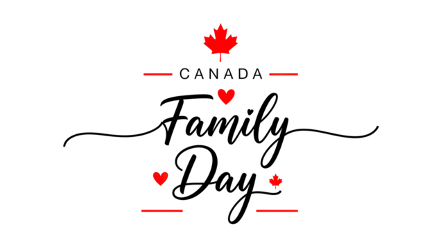 A calligraphic design for canada family day with red hearts and maple leaf on black background. isolated on transparent background - Powered by Adobe