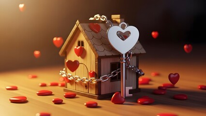 Small wooden house with a heart-shaped key and chain, surrounded by scattered hearts.