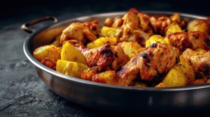 Large bowl of food with chicken and potatoes. The chicken is cooked and the potatoes are golden brown. The bowl is silver and the food looks delicious