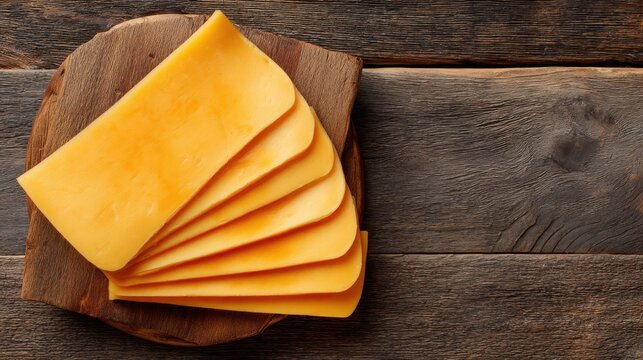 Several slices of yellow cheese are placed on a round wooden cutting board. The setting features a rustic wooden table in a kitchen. The cheese appears ready for use in a recipe or snack.
