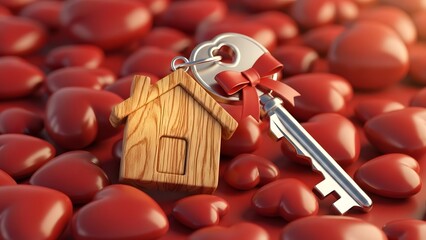 Wooden house key with red ribbon on a bed of red hearts, symbolizing home.