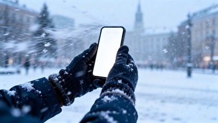 Hands in thick gloves holding a smartphone with white screen in a snowy city square during a winter storm