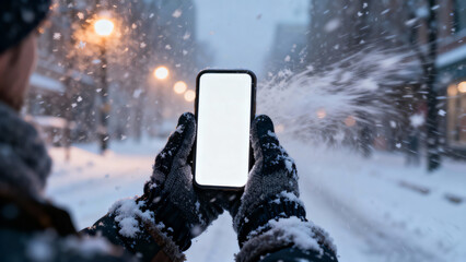 Gloved hands holding a smartphone with a blank white screen on a snowy city street during a blizzard