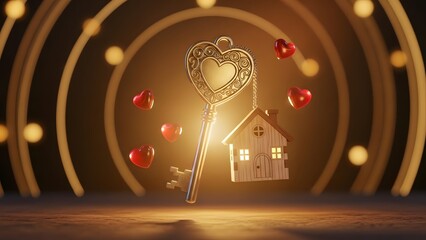 Ornate heart-shaped key with house charm, symbolizing love and home ownership.