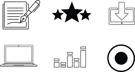 Collection of business and rating icons including document stars laptop and graph