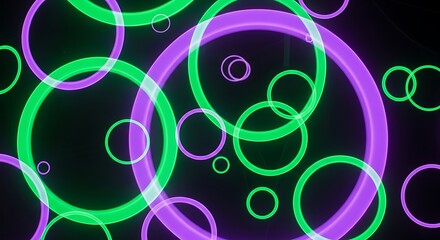 3D Glowing Neon Green and Purple Floating Rings Abstract Art