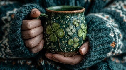 Hands holding a mug with clovers