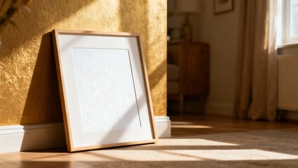 Mockup of a simple photo frame leaning against a wall in a cozy home interior, blank white textured surface inside the frame.