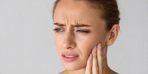 Young woman suffering from severe toothache, touching her cheek, experiencing dental pain and discomfort