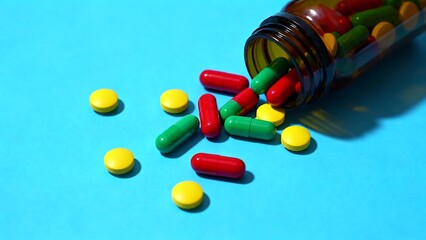 Pill bottle spilling out colorful pills on to surface tablets on a table blue background drug medical healthcare concept