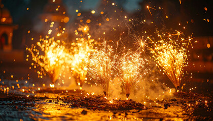 Anars firework fountains igniting, golden sparks showering, Diwali night celebration, festive lights