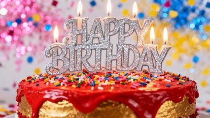 The birthday cake is decorated with icing and colorful sugar sprinkles, with candles and a "Happy Birthday" sign.
