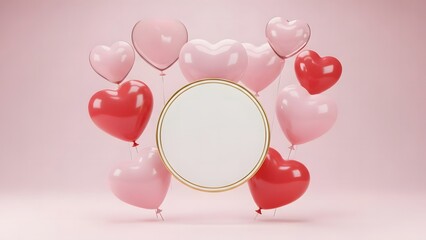 Pink and red heart-shaped balloons surrounding a blank circular frame on a pink background