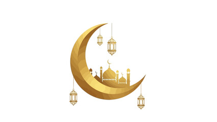 Golden crescent moon with mosque and lanterns for Ramadan