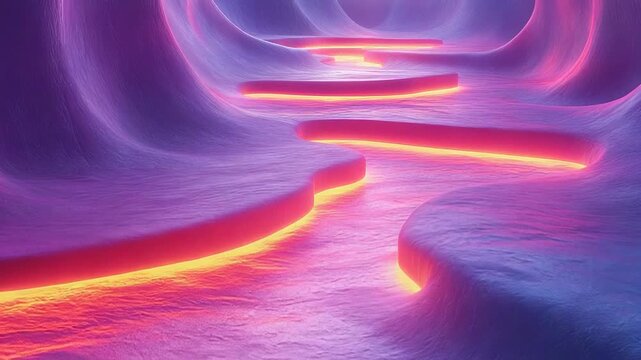 Abstract riverbed glowing with vibrant neon light, winding through a textured, undulating canyon landscape, creating a surreal and futuristic pathway and digital background