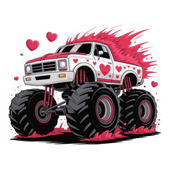 A charming illustration depicts a pink monster truck surrounded by hearts radiating a playful valentine s day vibe.