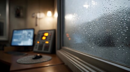 Indoor office with computer and control panel on a rainy night viewed through a wet window