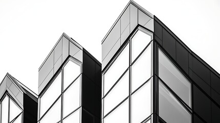 An abstract architectural background featuring a modern skyscraper facade of glass and metal with reflective windows and geometric steel lines against an urban city sky