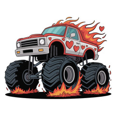 A charming illustration depicts a pink monster truck surrounded by hearts radiating a playful valentine s day vibe.