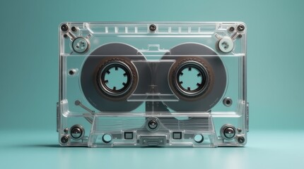 Retro clear plastic cassette player mechanism rewinding magnetic tape
