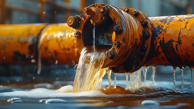 老朽化した配管から流れる水が設備管理の重要性を訴える描写