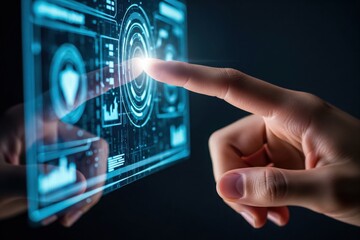 Close-up of a human finger touching a futuristic transparent touchscreen displaying glowing blue interface elements and data visualizations