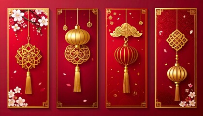 Vibrant Chinese New Year decorations with golden lanterns and cherry blossoms