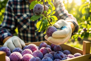 Gloved hand meticulously plucks fresh, dewy plums from a sun-kissed orchard branch, carefully placing ripe fruits into a rustic wooden crate