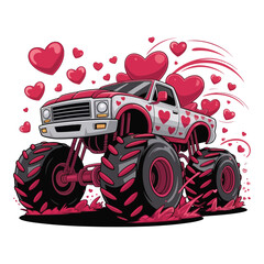 A charming illustration depicts a pink monster truck surrounded by hearts radiating a playful valentine s day vibe.