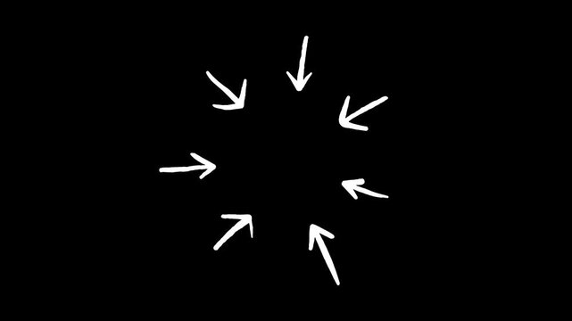 Animated group of arrows, scribbles of arrows pointing inward. Hand-drawn arrow animation. Cartoon doodle style, 4k video.