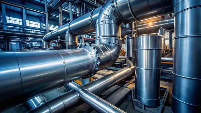 大型配管が張り巡らされた工場内部の迫力ある設備構成