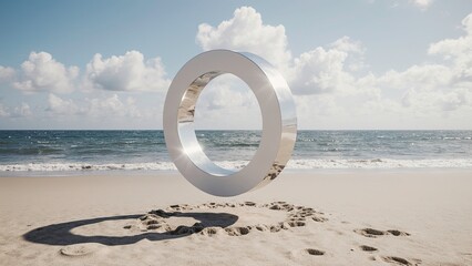 3d scene of a smooth metallic ring torus shape floating slightly above a sandy.