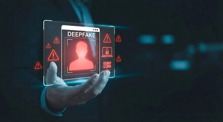 Futuristic digital interface showing Deepfake detection and security alerts held in hand, artificial intelligence and identity theft concept