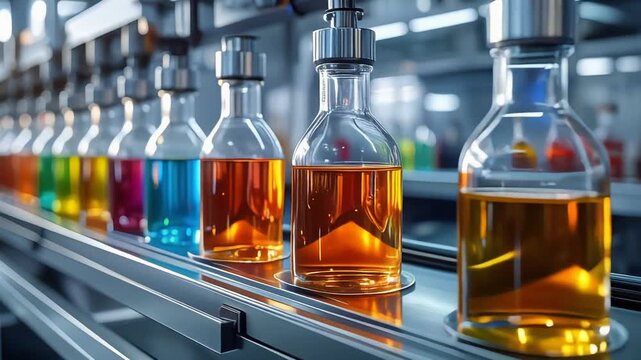 整然と並ぶ試薬瓶が自動化された化学製造現場を表す