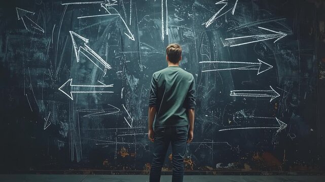壁一面の矢印を前に立つ人物が人生の選択に向き合う姿