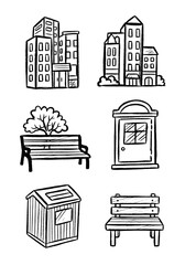 Hand drawn sketch collection of urban city elements including apartment buildings park benches residential houses and garden structures in black ink style