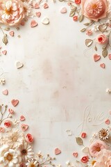 Soft Focus Floral Background with Hearts and Pastel Roses