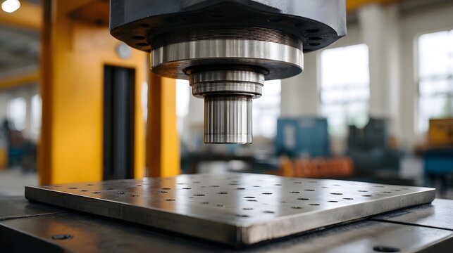 Industrial hydraulic press mechanism poised above a perforated metal plate in a manufacturing workshop
