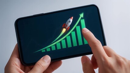Smartphone hand holding growth chart rocket business success upward trend digital screen technology finance investment progress innovation mobile device finger data visualization increase graph - Powered by Adobe